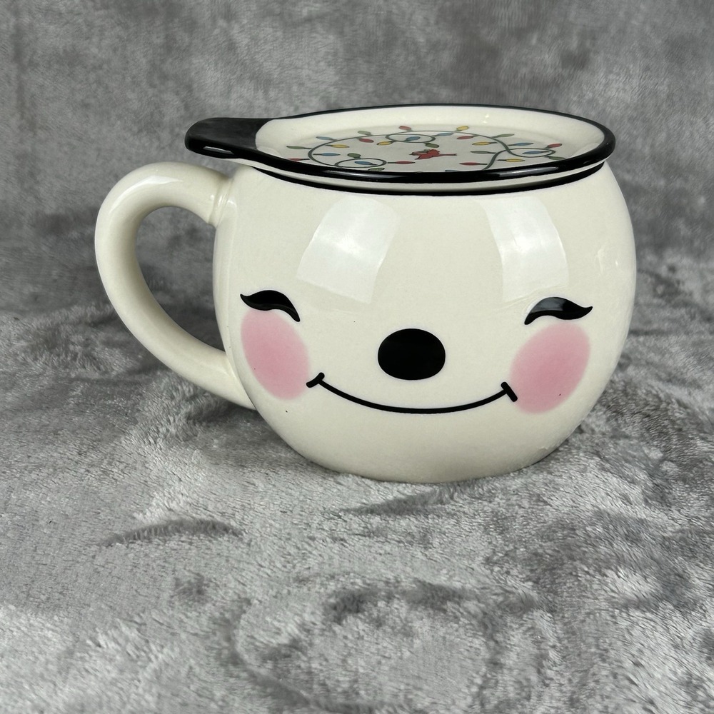Temptations By Tara Kawaii Face Mug With Saucer Lid Holiday Themed Dove & Lights - Picture 1 of 13
